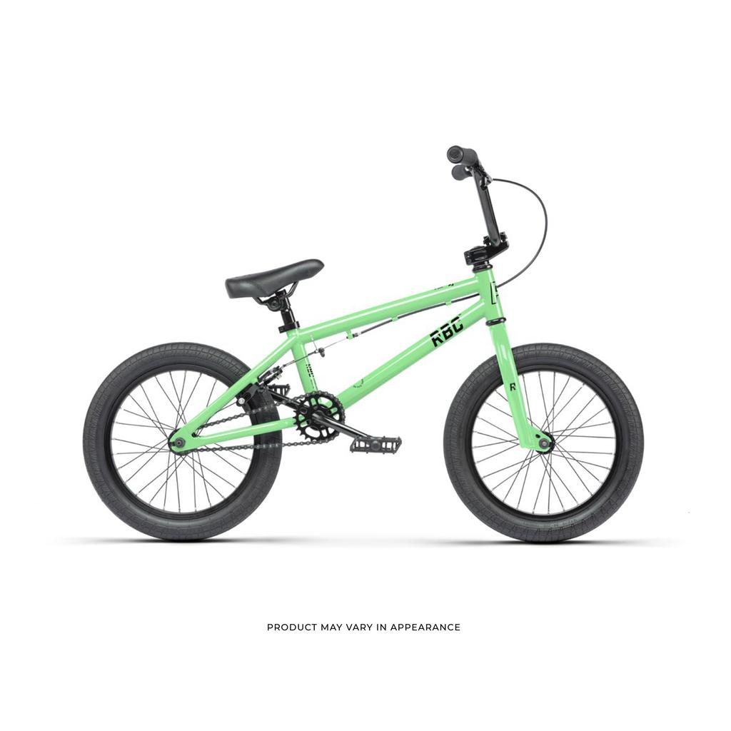 The Radio Revo 16 Inch Bike is a green BMX-style children's bicycle with black tires and handlebars, displayed in side profile against a white background.