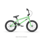The Radio Revo 16 Inch Bike is a green BMX-style children's bicycle with black tires and handlebars, displayed in side profile against a white background.