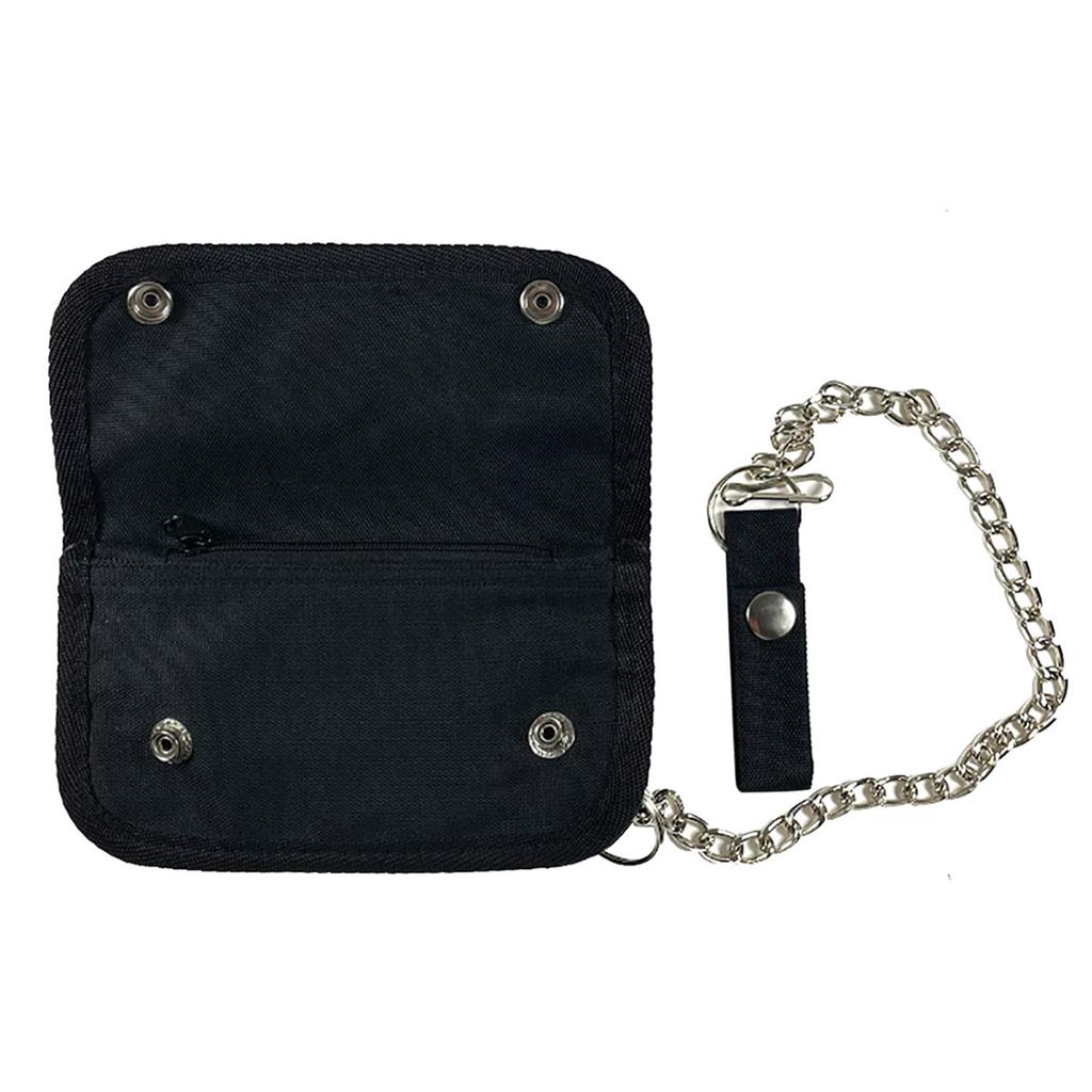The S&M Trucker Wallet is a stylish black fabric pouch with a zippered pocket, metal snap corner buttons, and a silver chain. It features a snap belt loop for easy carrying.