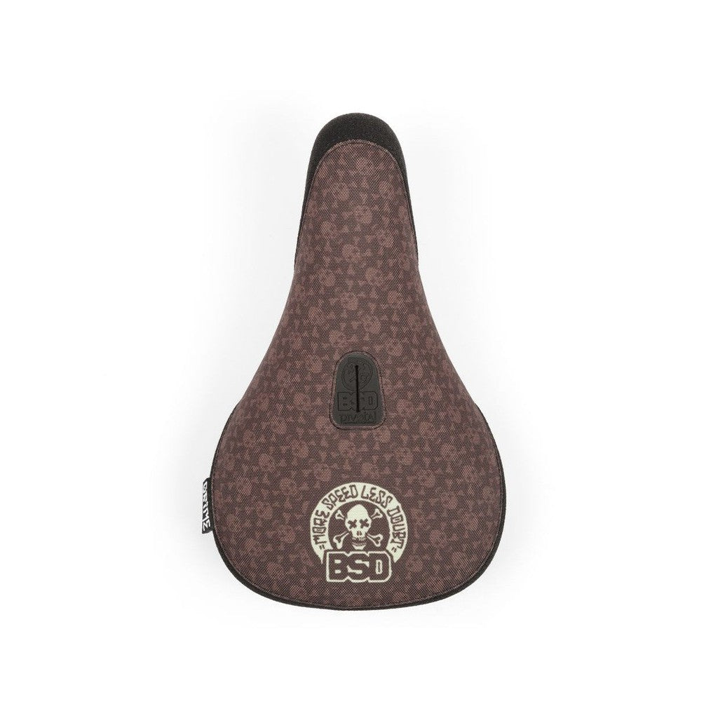 A brown BSD Grime (Denim Cox) Pivotal Seat with a logo on it, perfect for adding a touch of doubtless style to your speed-filled adventures.