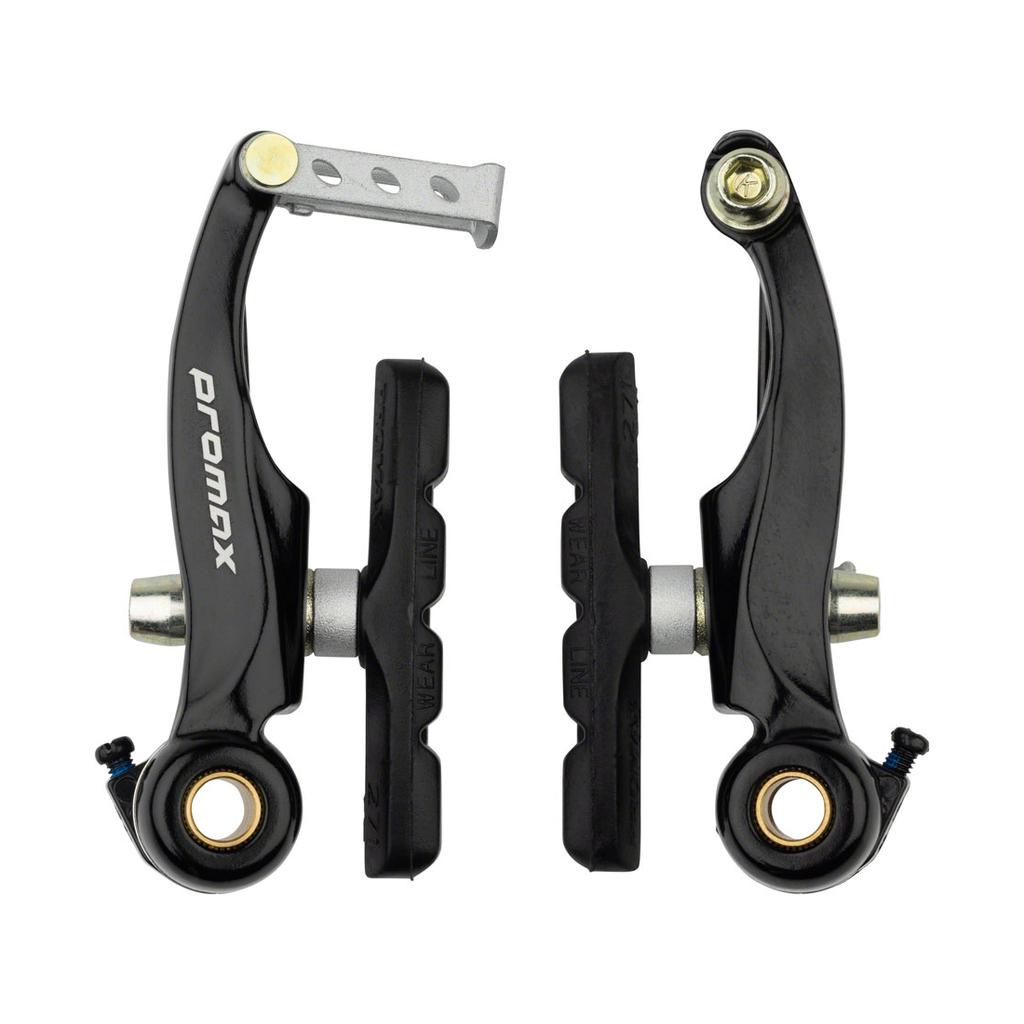 A pair of Promax MV85 Mini V Brake Callipers in black aluminum alloy with brake pads, viewed from the front on a white background. This linear pull setup provides reliable stopping power for your bike.
