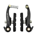A pair of Promax MV85 Mini V Brake Callipers in black aluminum alloy with brake pads, viewed from the front on a white background. This linear pull setup provides reliable stopping power for your bike.