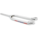 Skyway TA 26 Inch Replica Forks feature "Skyway" branding with red side stripes, constructed from durable chromoly teardrop tubing. They include visible fork dropouts and a threadless steerer tube at the top.