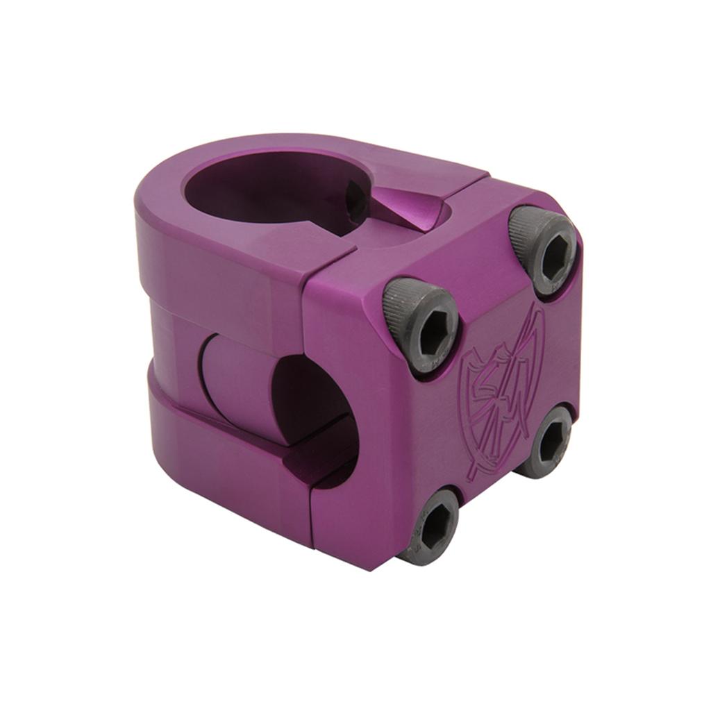 A S&M Redneck FLT Flatland Stem in purple for junior race BMX bikes, featuring four black bolts and an engraved logo on the side, shown against a white background.