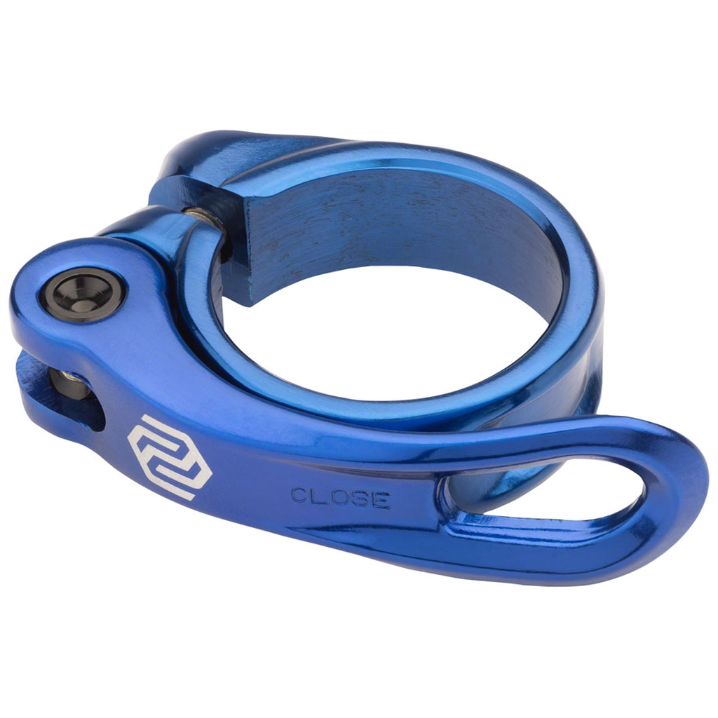 Blue Promax QR-1 Quick Release Seat Post Clamp with a quick release lever.