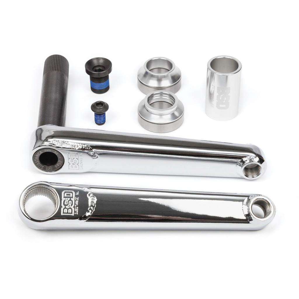BSD Substance XL V2 Cranks in chrome, including 24mm hollow spindle, spacers, bolts, and bearings, displayed on a white background.