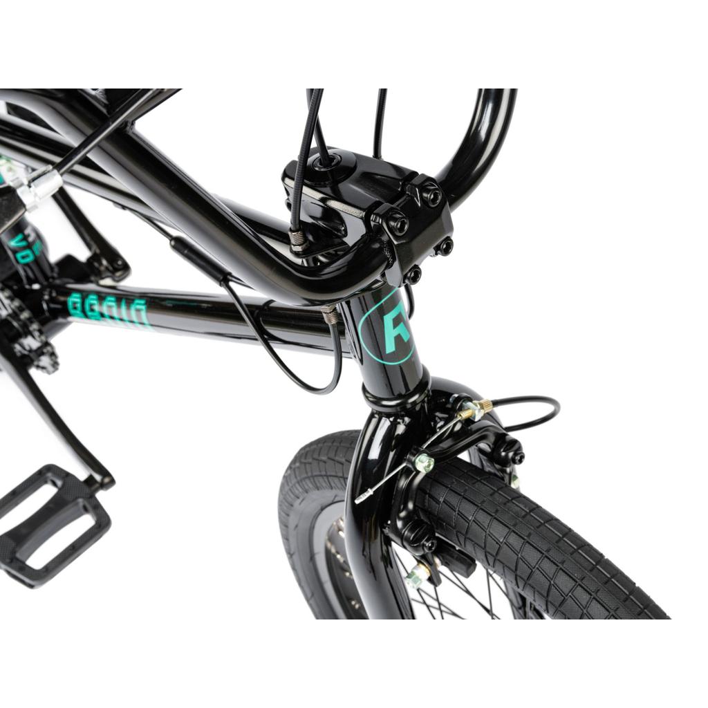 Close-up view of the handlebars, front fork, and tire of the black Radio Revo Pro FS 20 Inch Bike with a 20-inch top tube, shown against a white background.