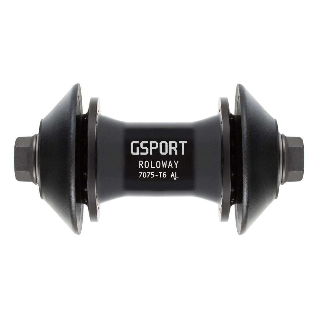A side-view photo on a white background of the G-Sport Roloway Front Hub, a black 7075-T6 aluminum bike hub with flanges on both sides. This sealed front hub offers durable construction and is compatible with plastic hub guards for additional protection.