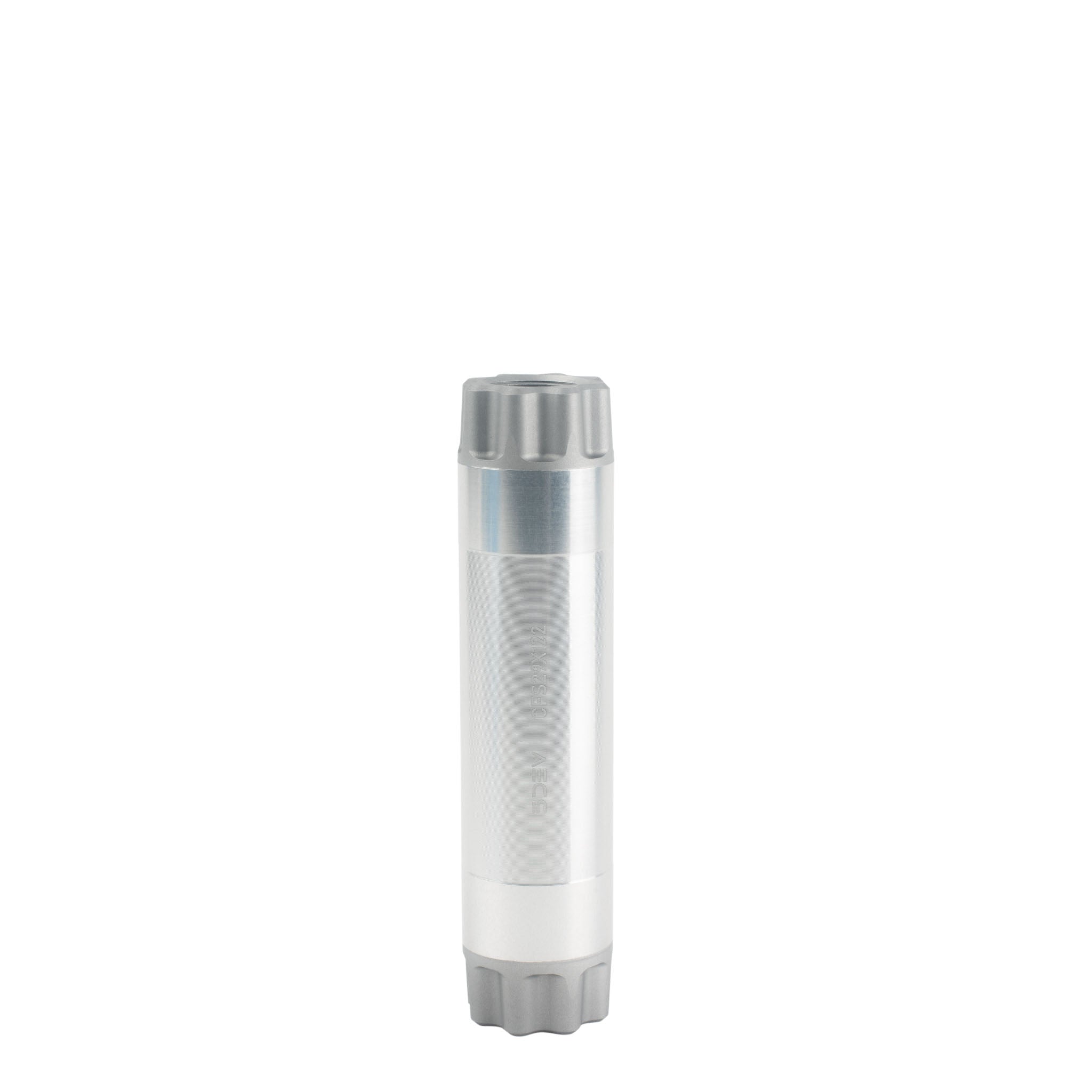 A silver cylindrical 5DEV Titanium RGXC Crank with grey end caps stands upright against a white background, showcasing a sleek, lightweight design reminiscent of BMX cranks.