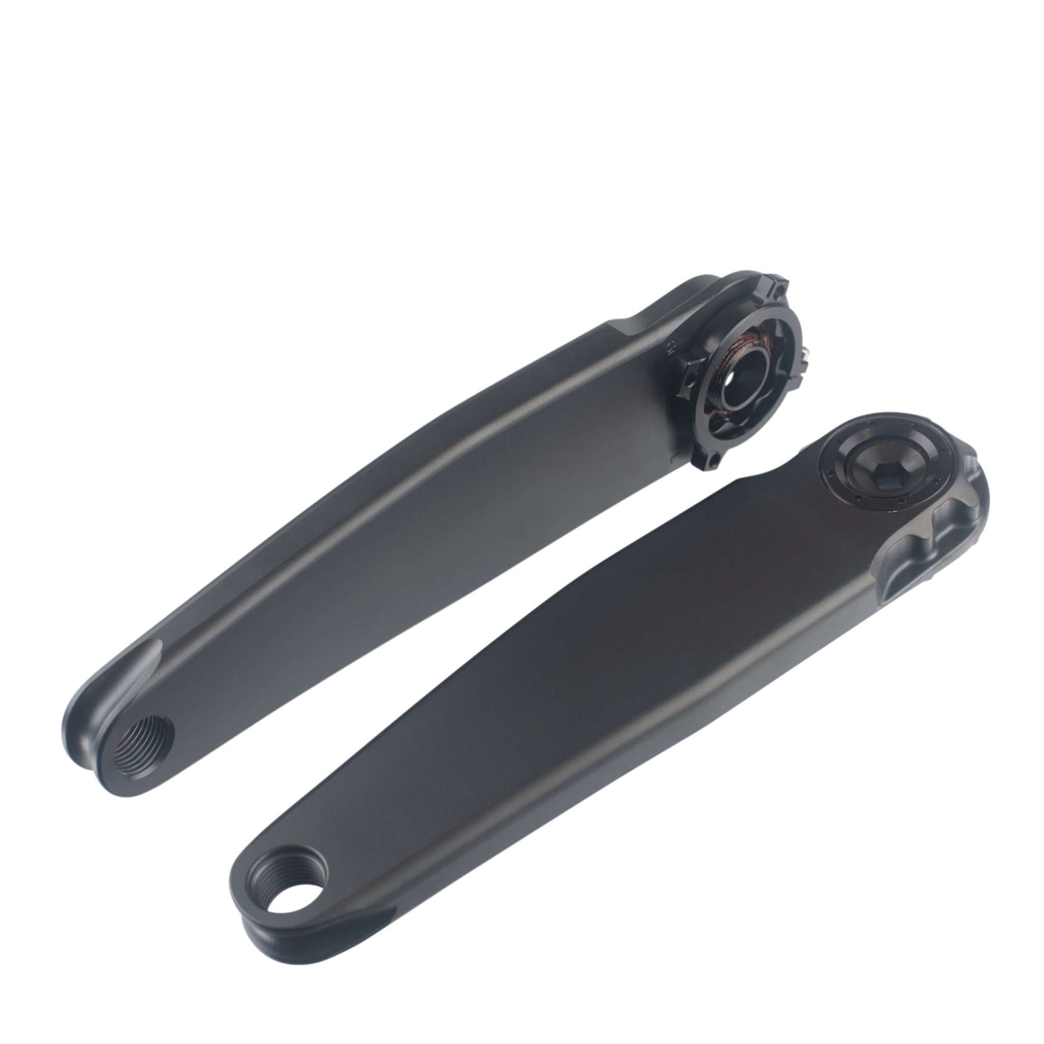 Two 5DEV Titanium RGXC Cranks in black are shown on a white background, with one upright and the other lying flat, both displaying visible pedal and spindle attachment points.
