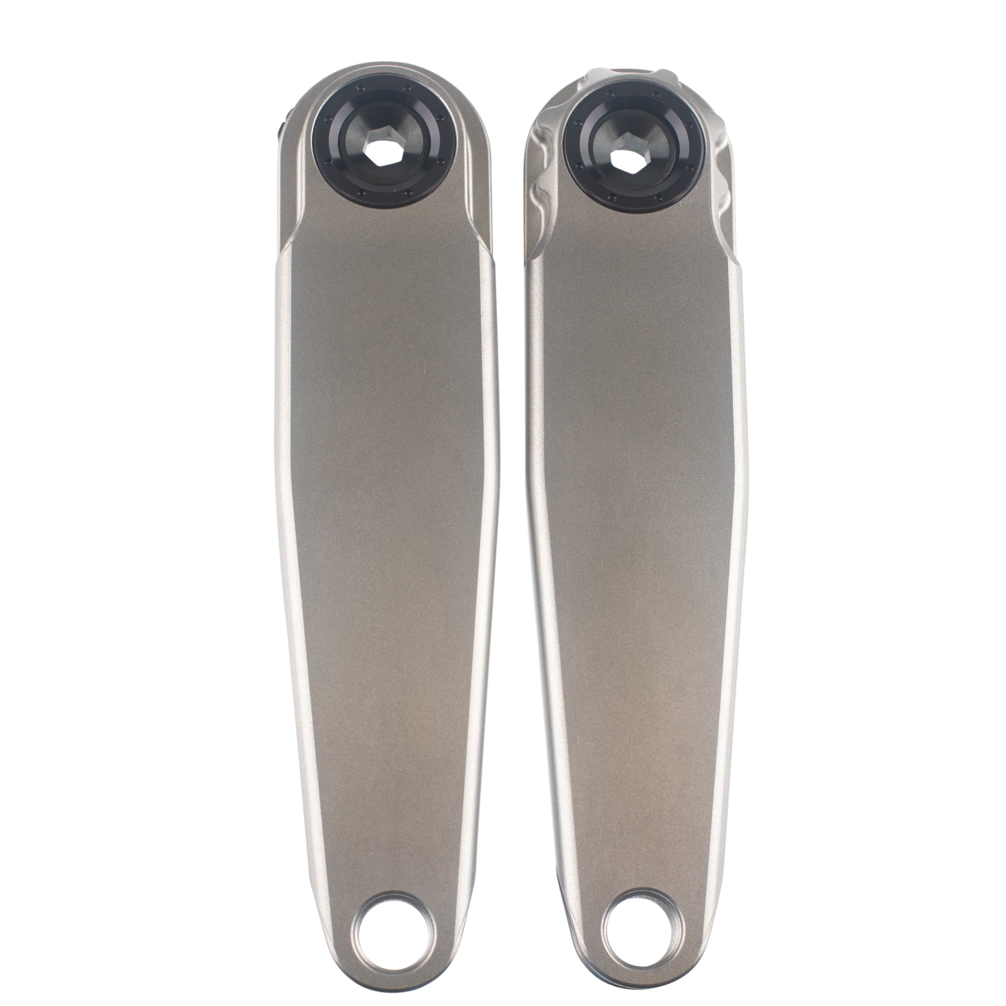 The 5DEV Titanium RGXC Cranks feature two silver titanium arms with black spindle interfaces, shown side by side on a white background—an ideal lightweight choice for BMX riders.