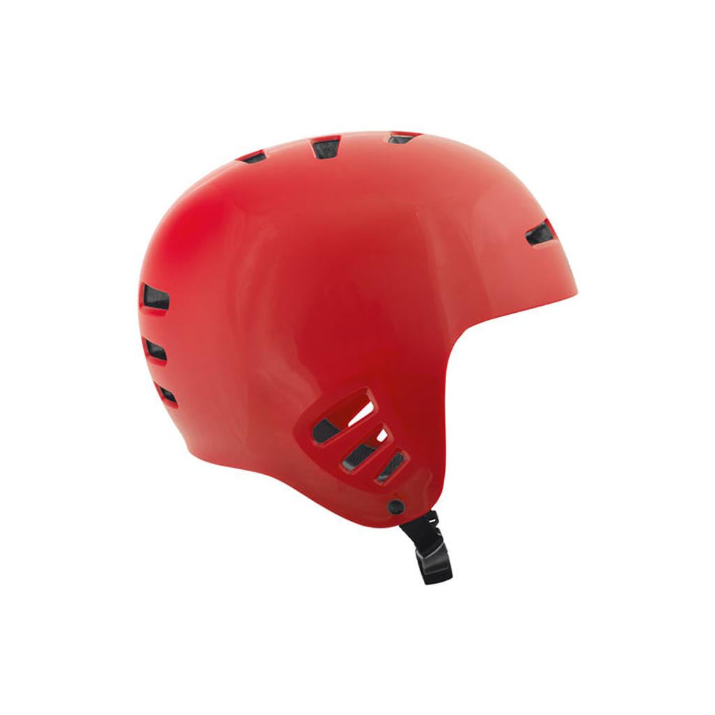 The TSG Dawn Flex Full Cut Helmet in red has hardshell construction, ventilation slots, and a black chin strap. Shown from the side on a white background.