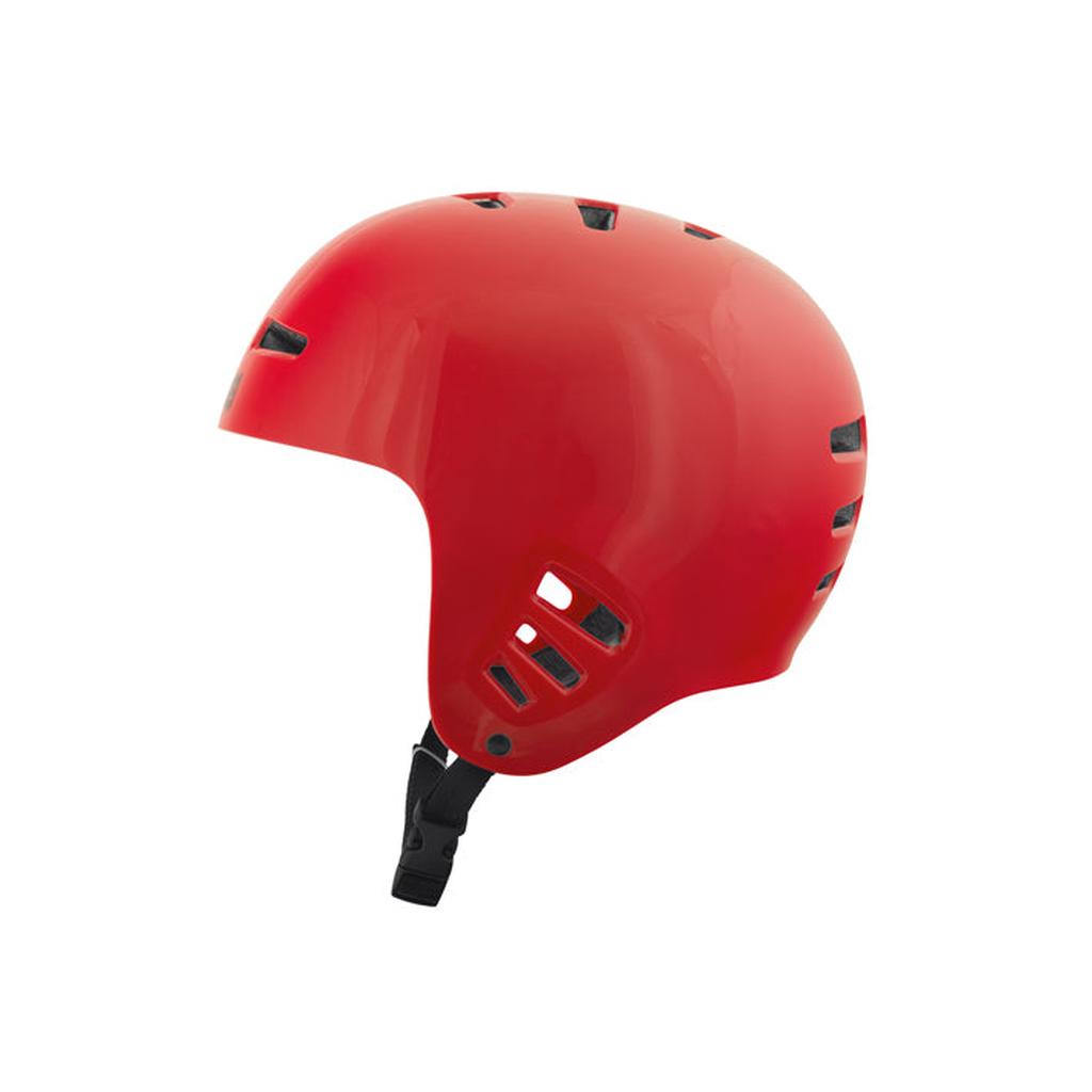 The TSG Dawn Flex Full Cut Helmet in red features multiple ventilation holes and a black adjustable chin strap, shown in a side view.