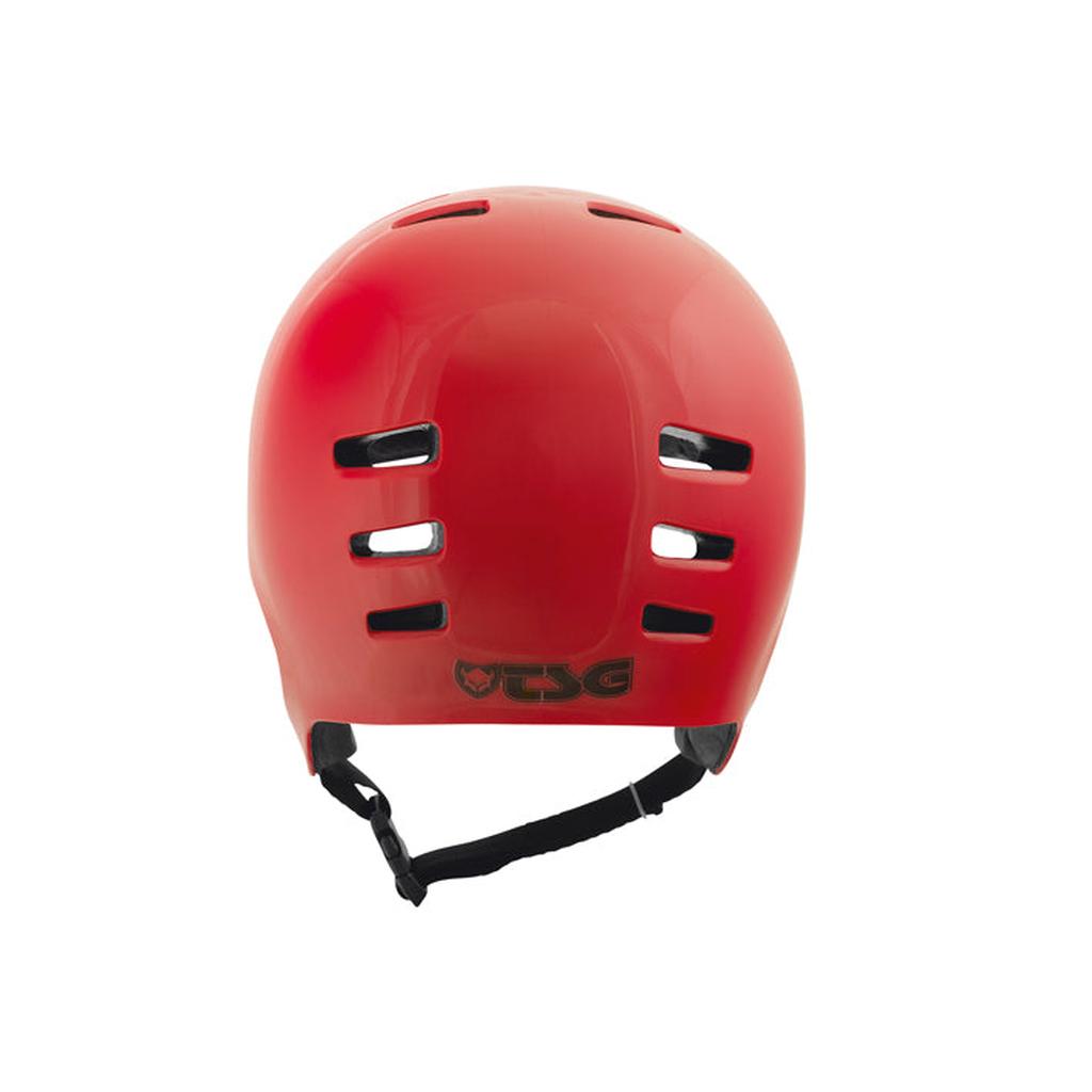 The TSG Dawn Flex Full Cut Helmet in red features hardshell construction, multiple vents, a black adjustable chin strap, and a TSG logo on the back for retro style and reliable protection.