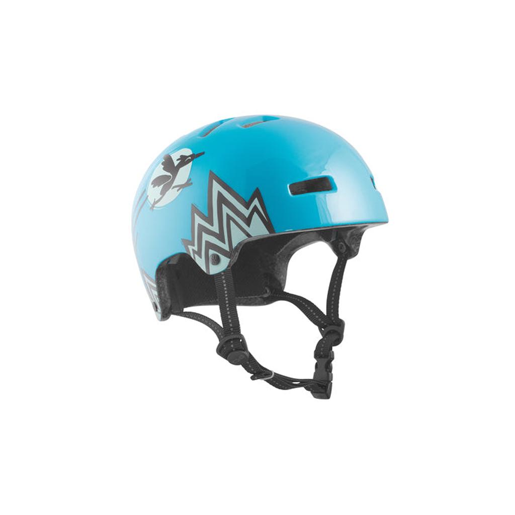 The TSG Nipper Maxi Helmet / Fly Like A Bird features black straps, ventilation holes, abstract black and white side graphics, durable In-Mold Construction, and a Tuned Fit System for secure comfort.