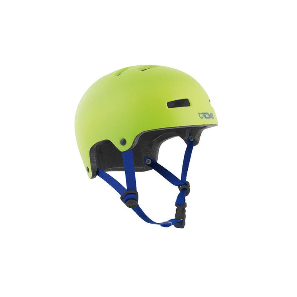 The TSG Nipper Maxi Helmet in satin green features blue adjustable straps and a black buckle. This lightweight youth helmet ensures safety and comfort for active kids. Shown on a white background.