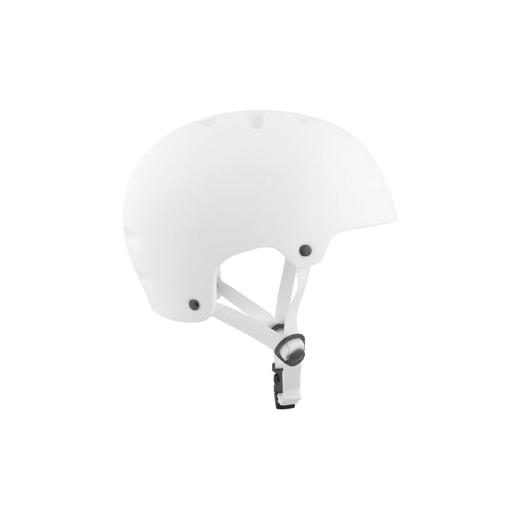 The TSG Nipper Maxi Helmet in Satin White features ventilation holes, adjustable straps, and a secure buckle for a snug fit. Shown in side profile on a plain background, it's lightweight and ideal for everyday protection.