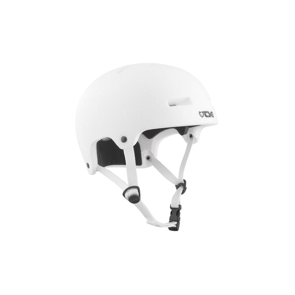 The TSG Nipper Maxi Helmet / Satin White features in-mold construction, a protective white shell, black adjustable straps, and side vents—ideal for sports or outdoor activities.