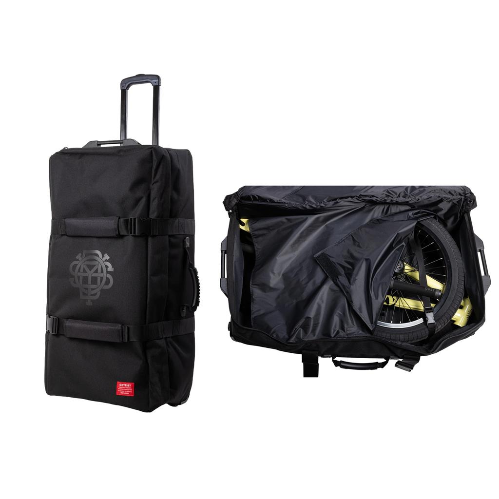 Two images: Left shows the Odyssey Traveler Pro Bike Bag in black with straps; right displays it open, holding a folded freestyle BMX bike. Ideal for travelers needing reliable protection for their bikes.
