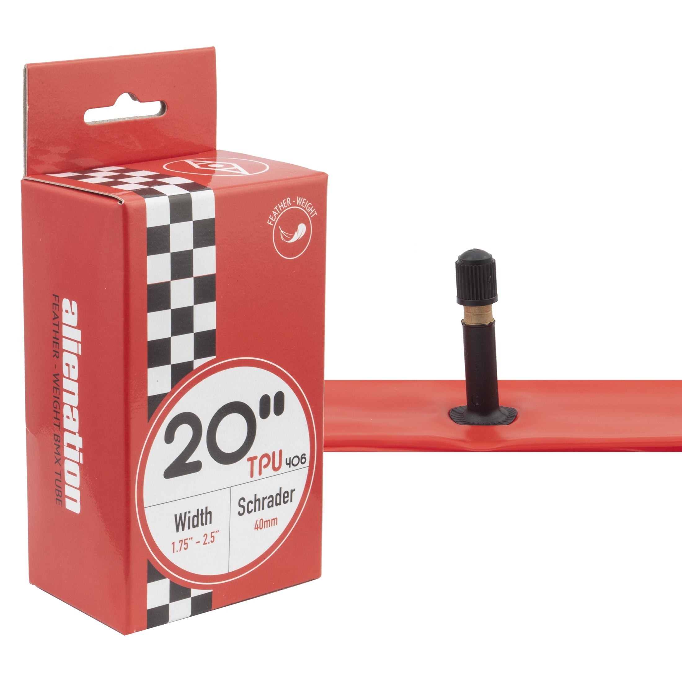A partially inflated Alienation Feather Weight TPU Tube, 20-inch red BMX racing tube with 40mm Schrader valve, sits next to its red and white box displaying size and type specs.