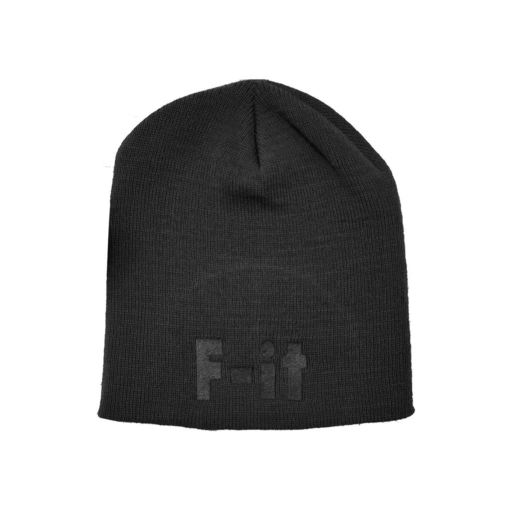 The Fit Bike Co Uncuffed F-It Beanie is a plain black knit beanie made from hypoallergenic acrylic, featuring "F-it" subtly embroidered on the front.