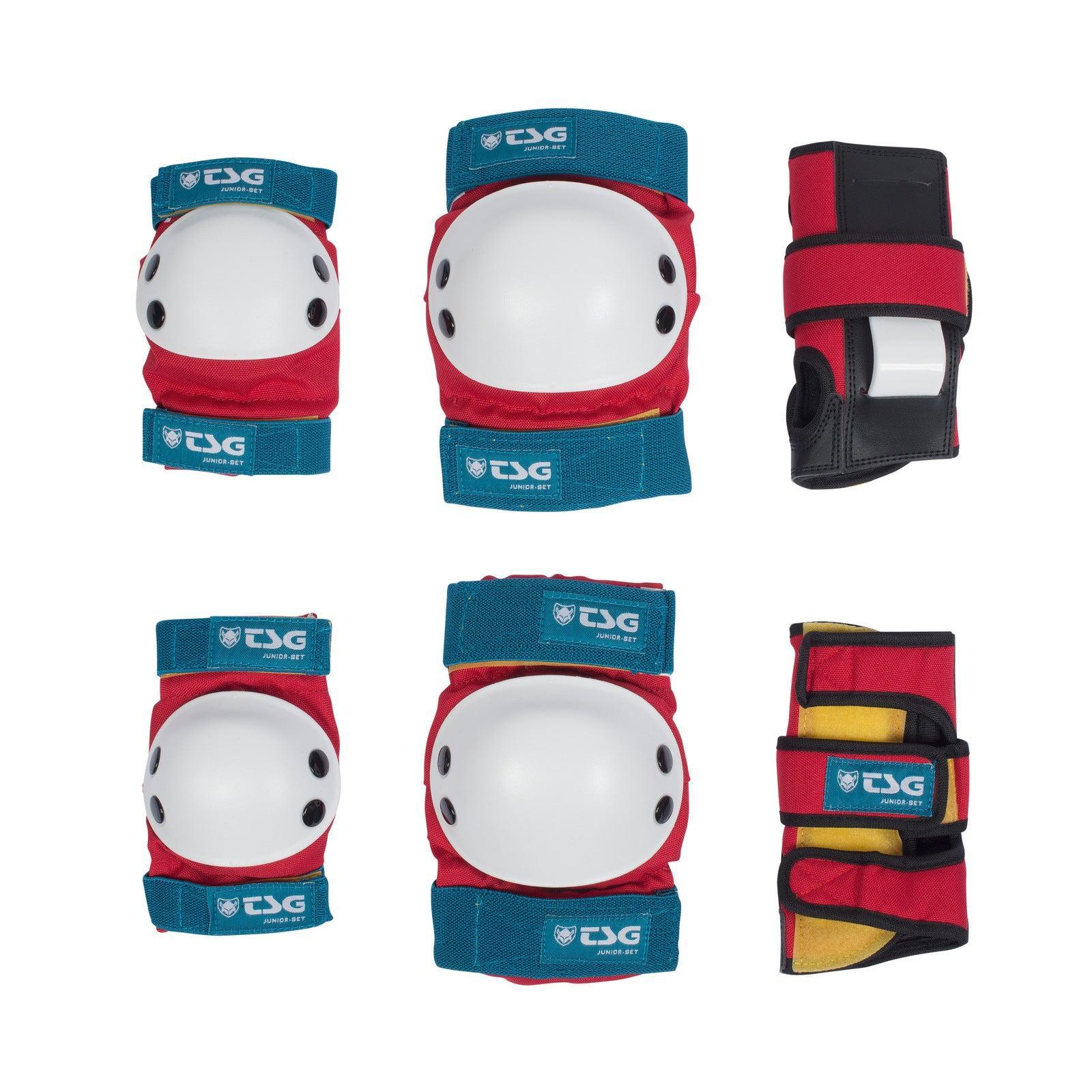 The TSG Skate Junior Protective Pad Set in red and blue includes impact-absorbing knee pads, kids elbow pads, and wrist guards, all neatly displayed on a white background.