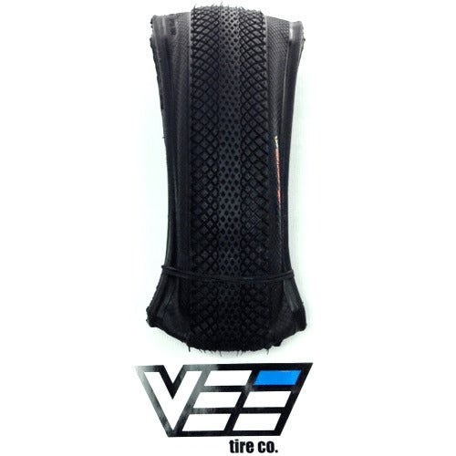 A folded Vee Speedster Foldable Tyre 20 x 1.5 (Each) with a textured tread appears above the Vee Tire Co. logo on a white background, emphasizing its compact, foldable design.