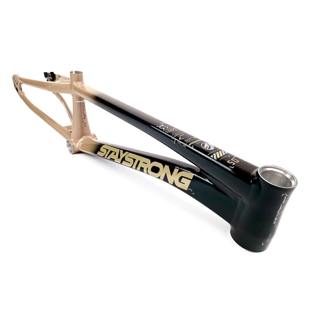 A Staystrong V5 Disc Pro L Frame with a gradient color scheme from tan to black, made from durable 6061 alloy tubing, featuring the words "STAY STRONG" printed on the side.