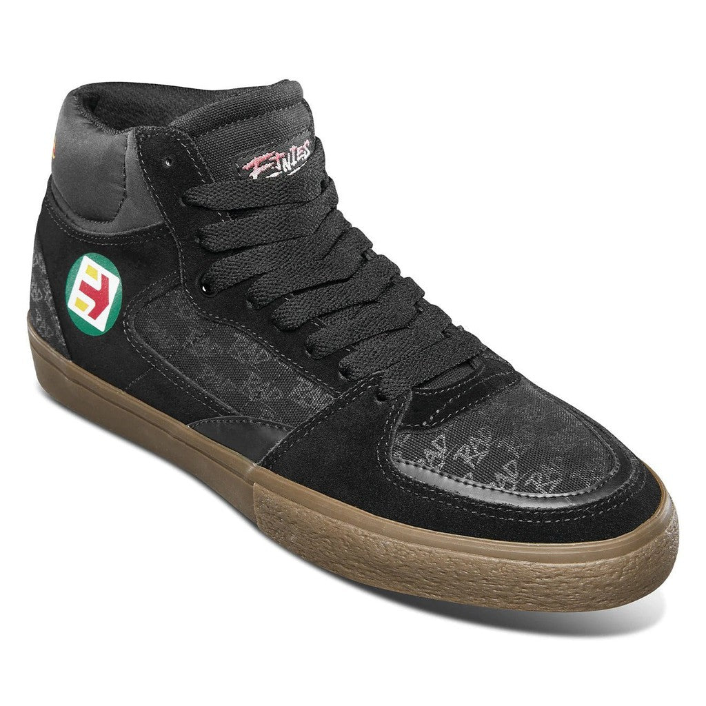 A black and brown high top skate sneaker with the Etnies Screw Vulc Mid X Rad Shoe logo.
