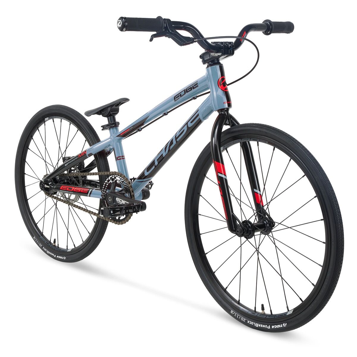 The Chase Edge Mini Bike (2026), a light blue BMX race bike with a slim 6061 aluminum frame, black tires and handlebars, and red accents, is displayed from a front-side angle on a white background.
