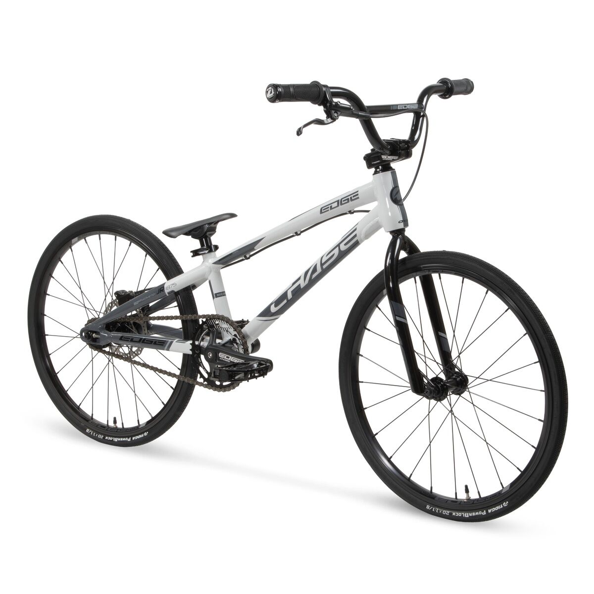 The Chase Edge Junior Bike (2026) is a white and black BMX race bike with a lightweight 6061 aluminum frame, flat handlebars, thin tires, and a single gear, pictured from the front against a plain background.