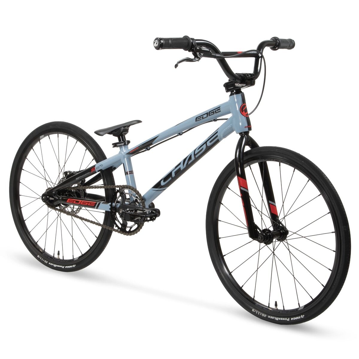 The Chase Edge Expert Bike (2026) is a light blue BMX race bike with black and red accents, thin tires, a small seat, high handlebars, and a durable 6061 aluminum frame, shown against a white background.