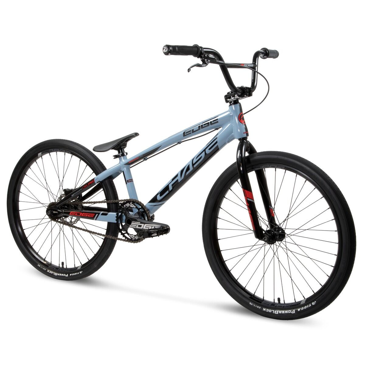 The Chase Edge Cruiser Bike (2026) is a light blue and black BMX race bike with a sleek 6061 aluminum frame, flat handlebars, thin tires, and a single gear, shown from a front left angle.