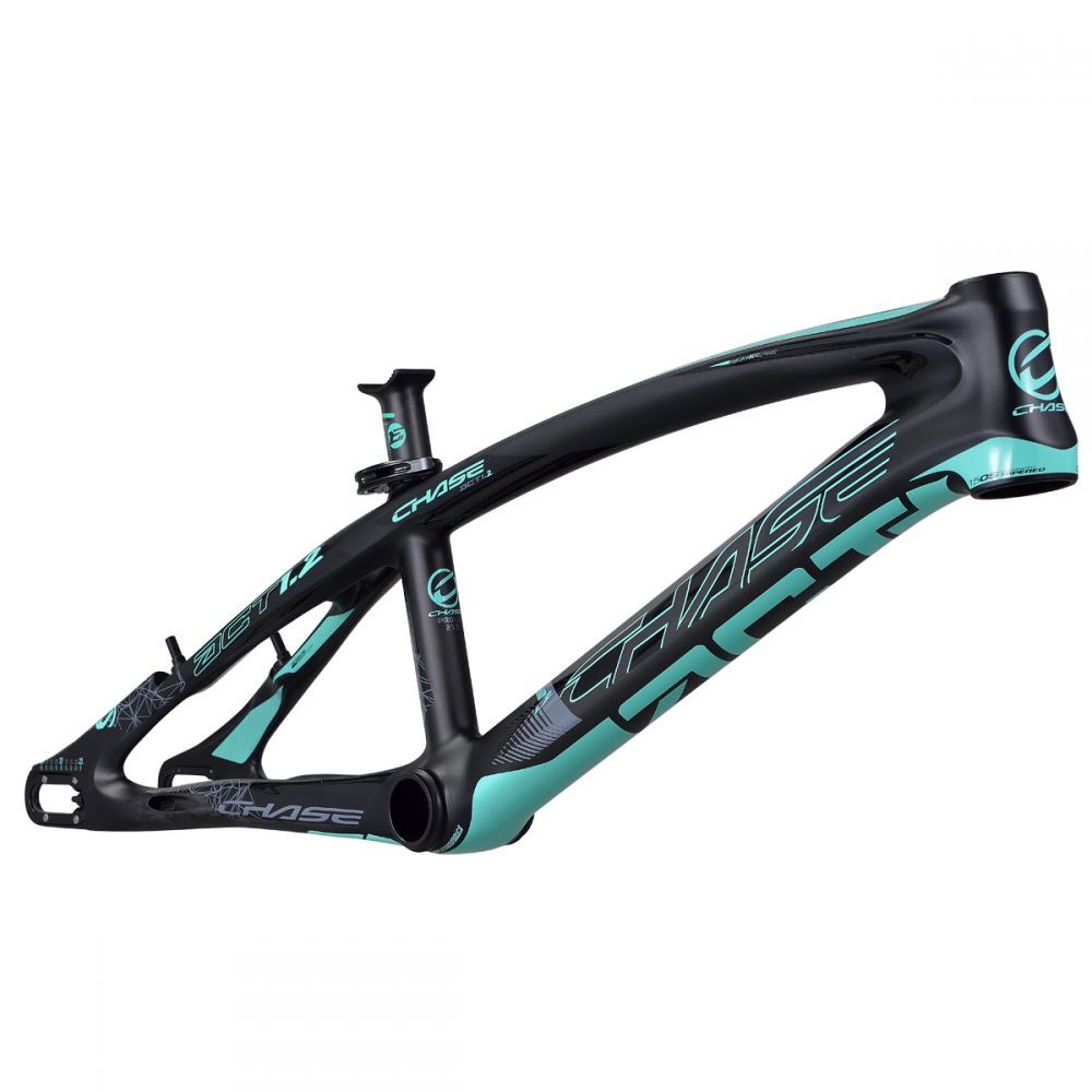 Black and teal Chase ACT 1.2 Carbon BMX Race Frame Pro XL+ with the brand name "Chase" in prominent white lettering, displayed on a white background.