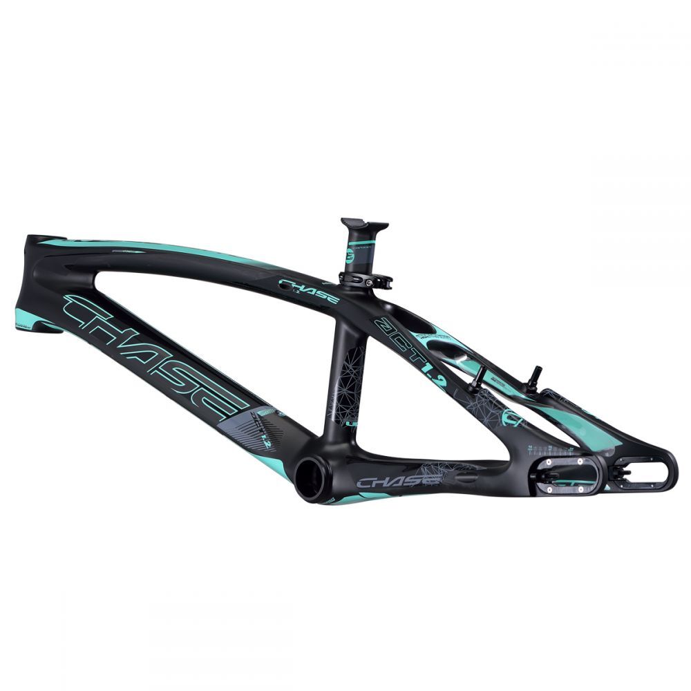 Black and teal Chase ACT 1.2 Carbon BMX Race Frame Pro XL+, featuring intricate graphic designs and brand logos, displayed on a white background.