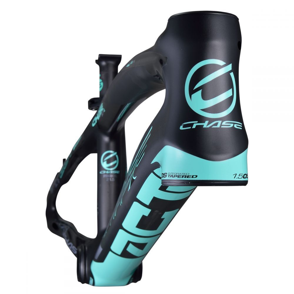 A teal and black Chase ACT 1.2 Carbon BMX Race Frame Pro XL+ bicycle fork isolated on a white background, showcasing its modern design and branding.