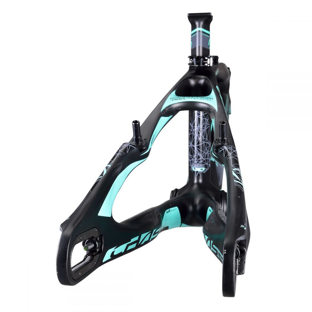 Chase ACT 1.2 Carbon BMX Race Frame Pro XL+ black and teal with intricate patterns on an isolated white background.