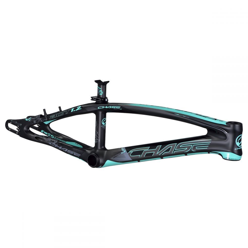 Black and turquoise Chase ACT 1.2 Carbon BMX Race Frame Pro XL+ with the brand name "Chase ACT 1.2" prominently displayed.