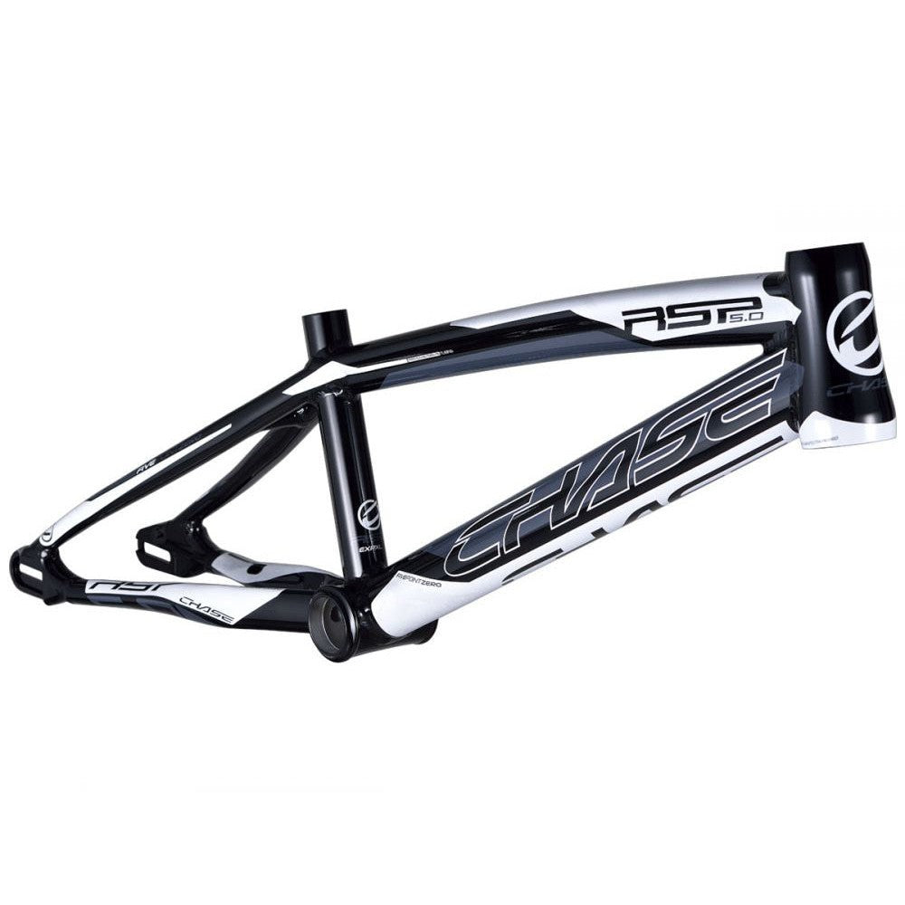 The black and white Chase RSP 5.0 BMX Race Frame Pro XL+ is showcased on a clean white background, perfect for BMX racing enthusiasts. This high-performance frame is designed to accommodate both disc brake