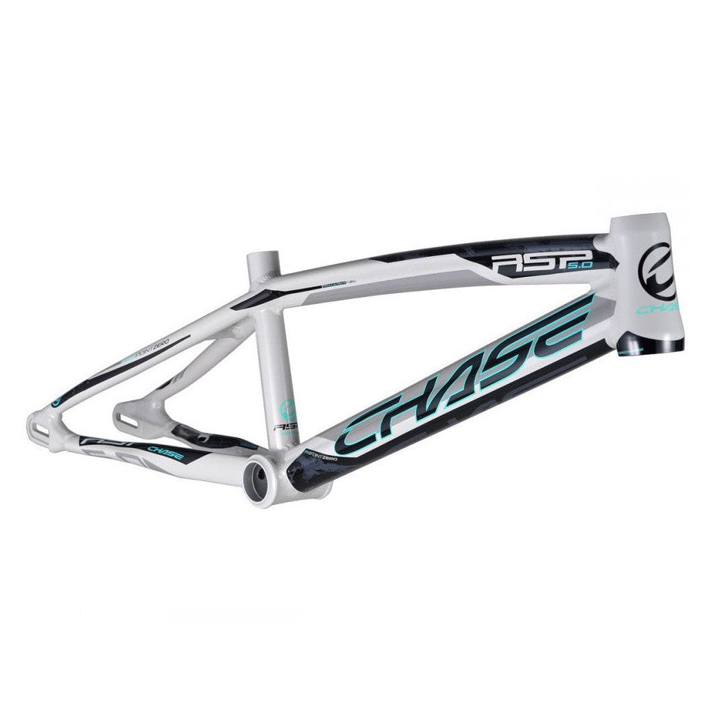 A white and blue Chase RSP 5.0 BMX Race Frame Pro XL+ on a white background featuring an integrated headset.