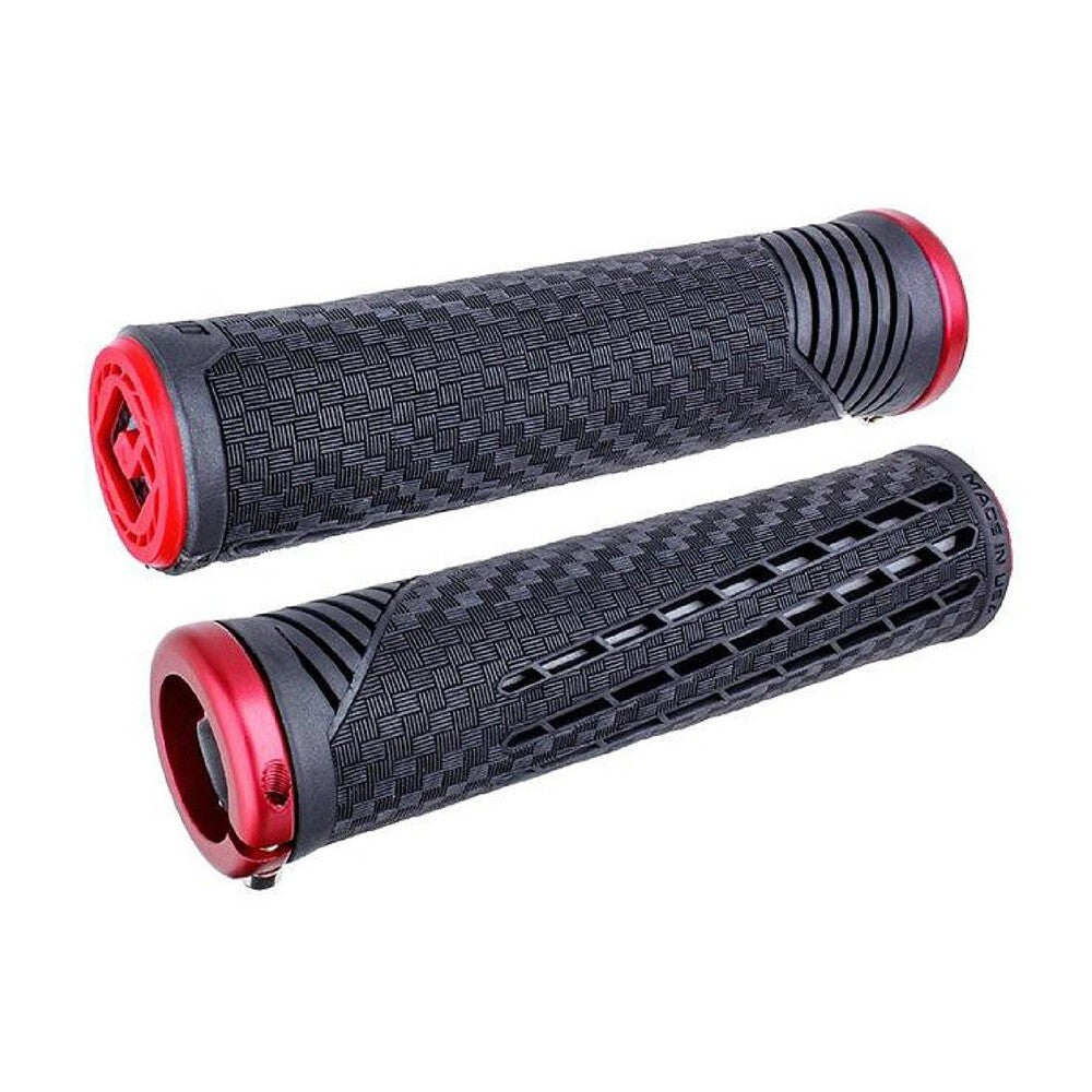 A pair of black and red ODI CF Lock On Grips V2.1 on a white background.