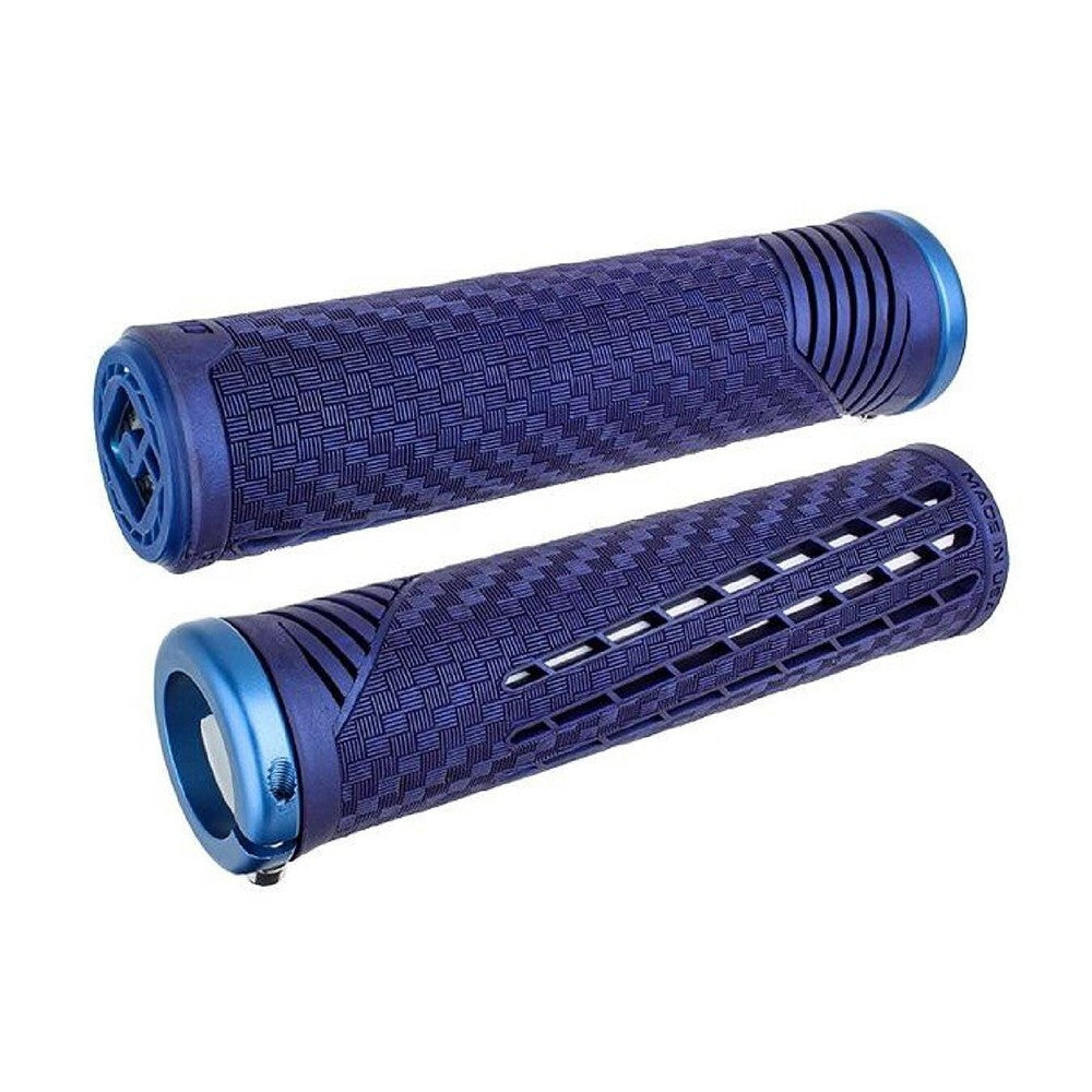 A pair of blue ODI CF Lock On Grips V2.1 with Carbon Fibre reinforced technology on a white background.