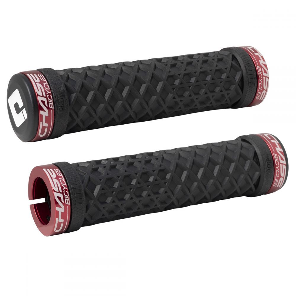 A pair of black and red ODI-VANS Chase BMX Lock-on Grips Flangeless designed for ODI-VANS Chase BMX racing.