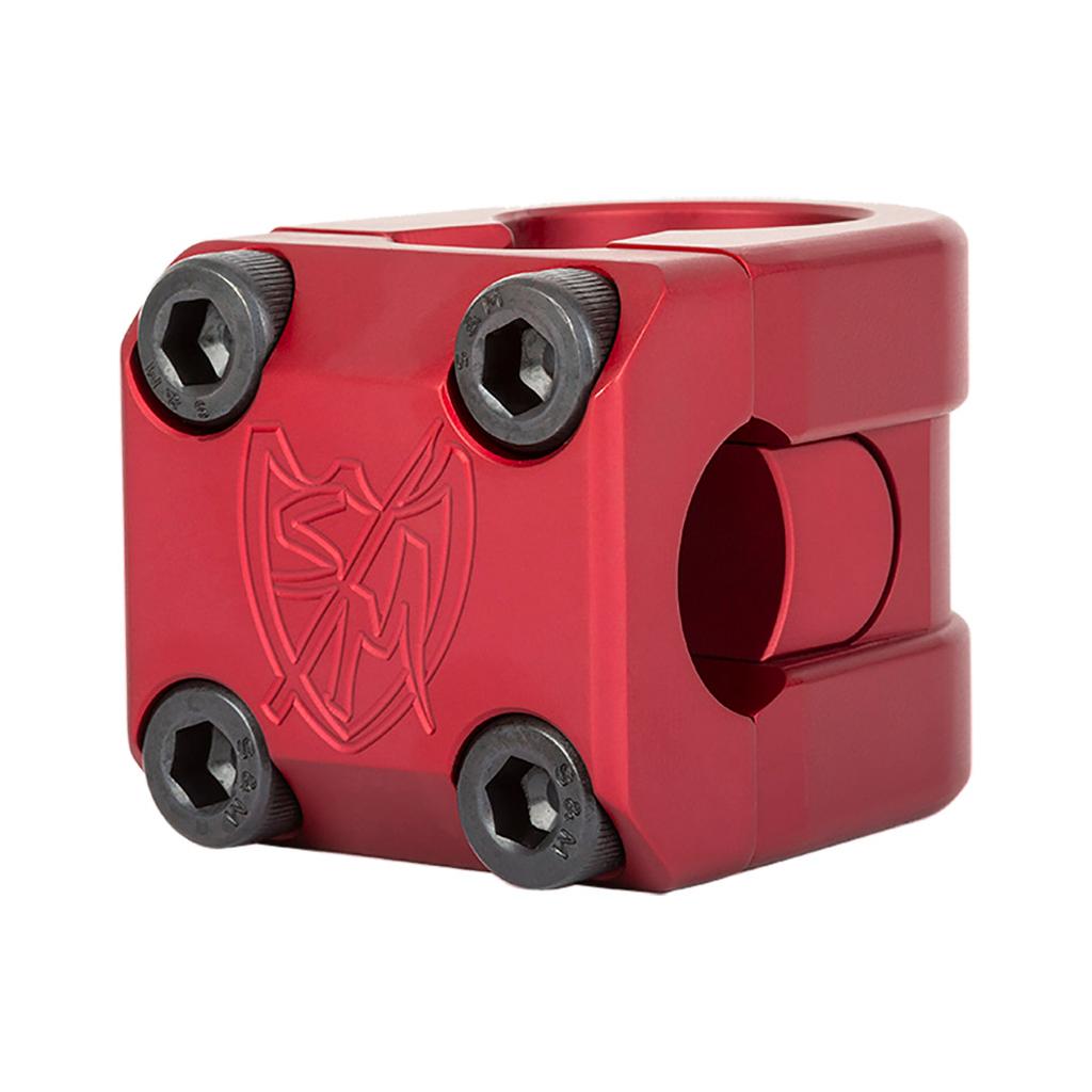 The S&M Redneck FLT Flatland Stem is a red BMX stem with four black hex bolts and a front-engraved logo, made for securing handlebars to the fork.