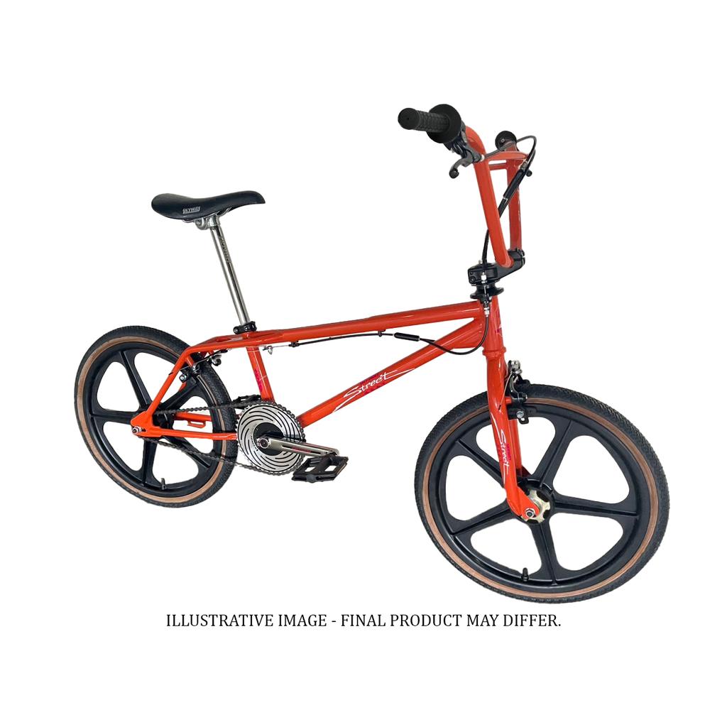 The Skyway Street Beat EX 20 Inch Bike is a red BMX-style bicycle with black mag wheels, single gear, and straight handlebars. Displayed on a white background. Text below: "ILLUSTRATIVE IMAGE - FINAL PRODUCT MAY DIFFER.