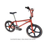 The Skyway Street Beat EX 20 Inch Bike is a red BMX-style bicycle with black mag wheels, single gear, and straight handlebars. Displayed on a white background. Text below: "ILLUSTRATIVE IMAGE - FINAL PRODUCT MAY DIFFER.