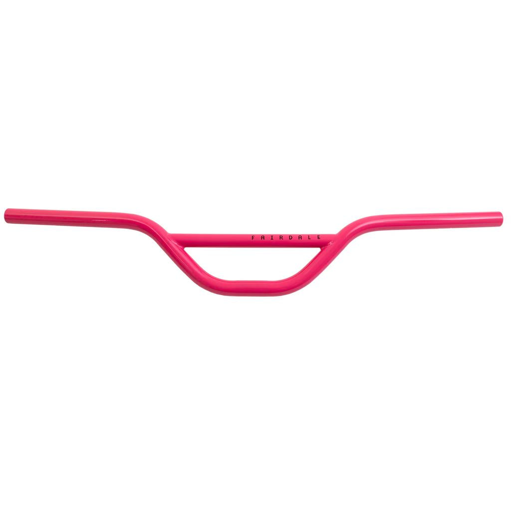 A bright pink Fairdale MX-4 Bars chromoly BMX handlebar with a central rise and straight ends, shown on a white background.