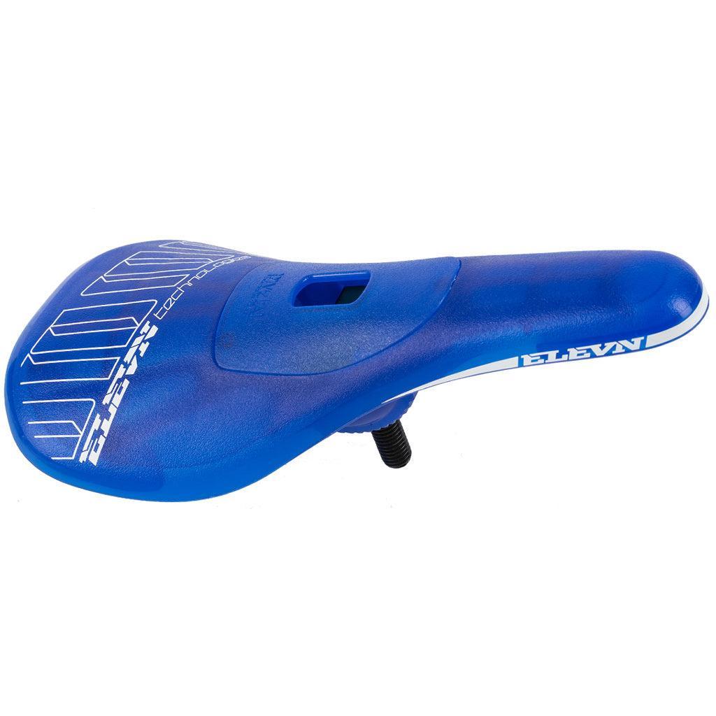 The Elevn Pivotal Pro Seat in blue features white graphics and logo, a central cutout, ultralight polycarbonate construction, and a bolt for seat post attachment.