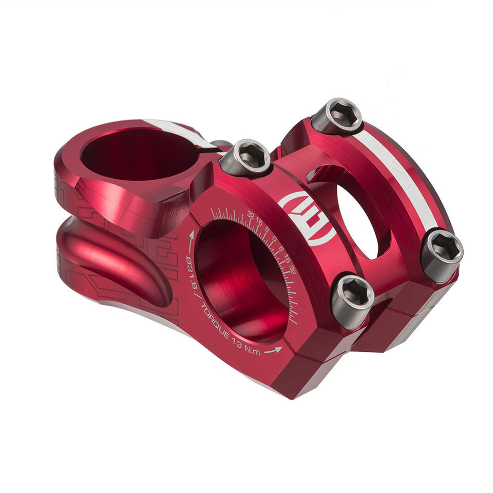 A pair of red Elevn Overbite 31.8mm Stems 1-1/8in (Ti-Bolts) for BMX bikes on a white background.