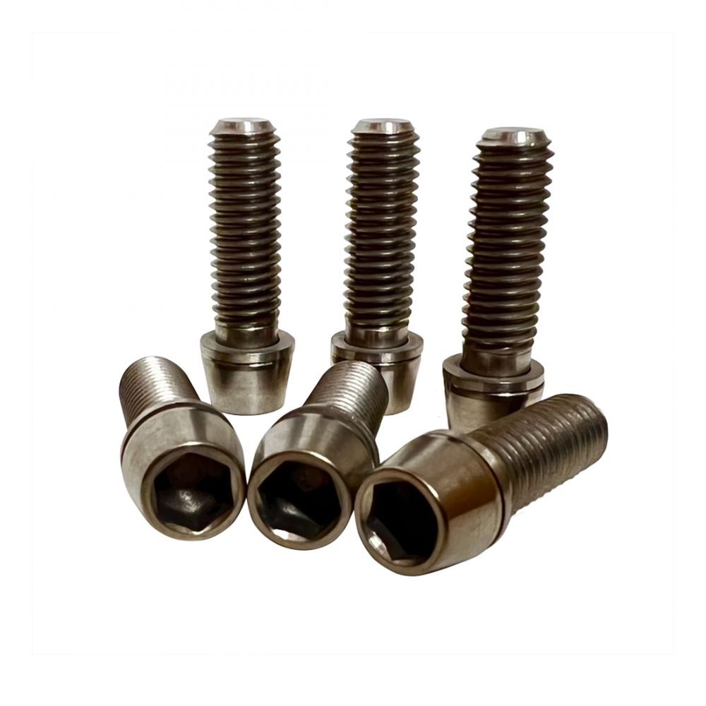 Six Elevn Titanium Tapered Stem Bolts are displayed upright and lying down on a white background.